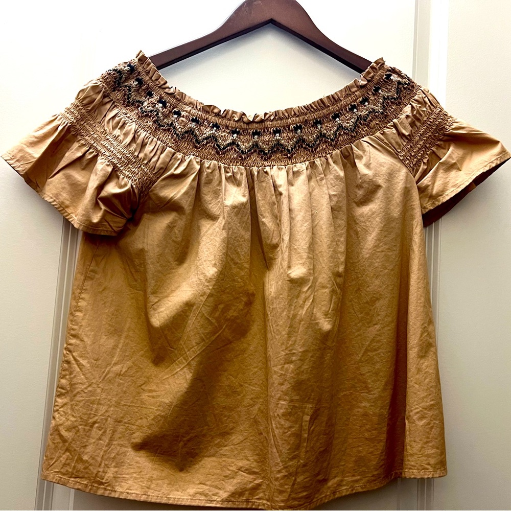 Old Navy Tan Embroidered Off-Shoulder Blouse